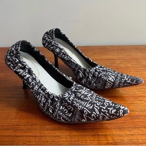 Le Chateau Fabric Knife Stiletto Pumps in Black and White Graffiti Print • 8.5